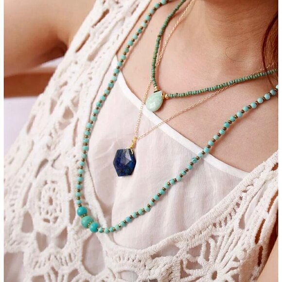 NWT Lapis Lazuli Hexagon Pendant Necklace 14K Gold Plated Genuine 18” - Picture 4 of 11